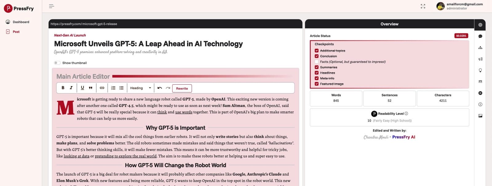 Screenshot Of The Pressfry Internal Ai Tool Showing Article Generation And Current Article Status.