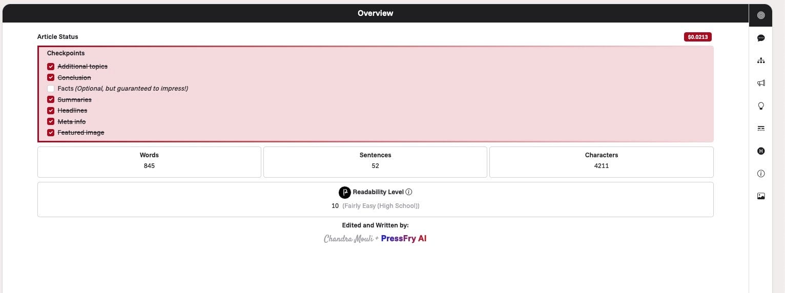 Screenshot Of The Overview Tab Displaying Current Article Status, Publication Checkpoints, And Readability Metrics.