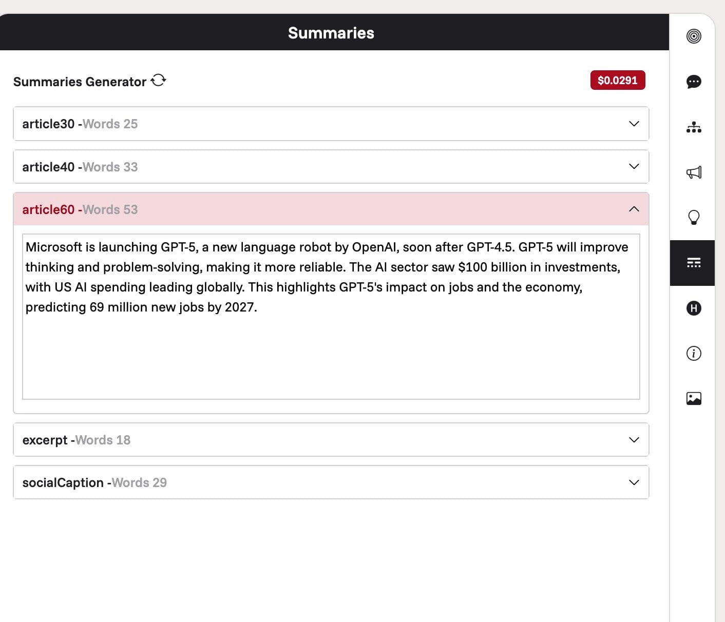 Screenshot Of The Tab For Generating Article Summaries In Various Word Counts For A Short News App.