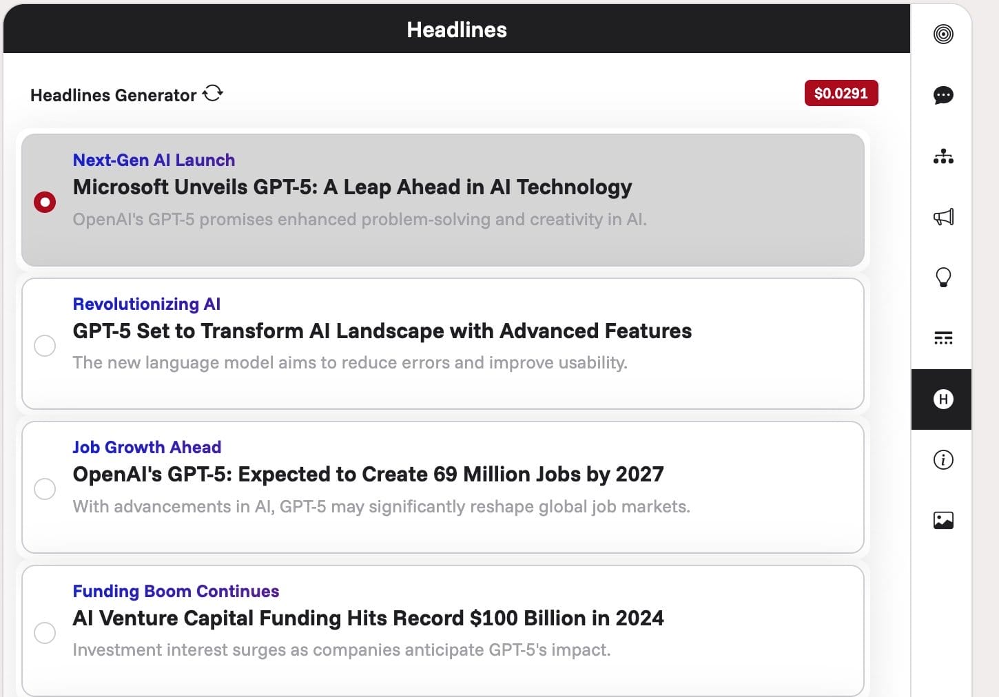 Screenshot Of The Tab For Generating Headlines, Secondary Headlines, And Hooks.