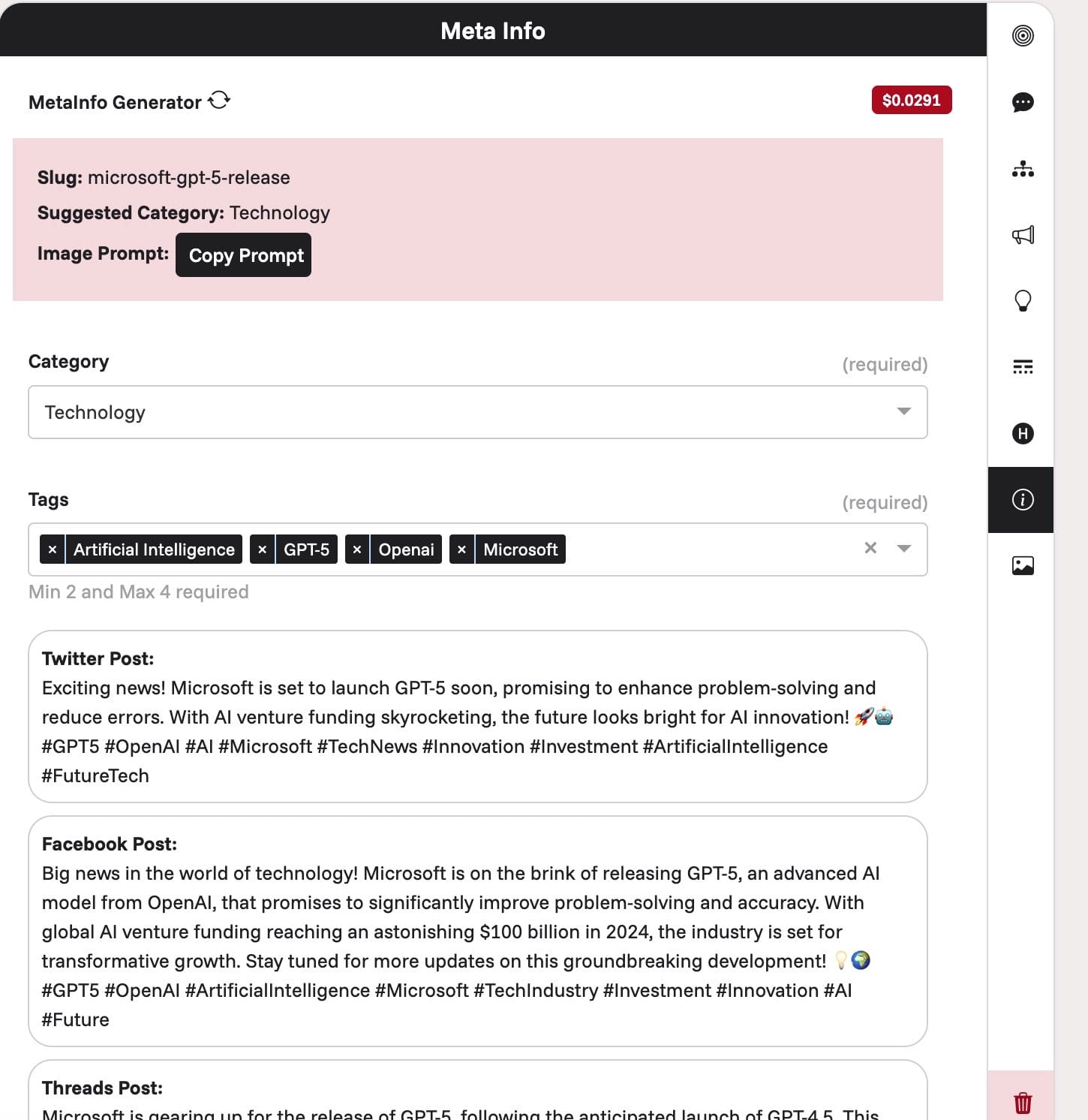 Screenshot Of The Tab For Generating Meta Information, Including Tags, Category Suggestions, Image Prompts, Social Media Posts, Slugs, And Meta Descriptions.