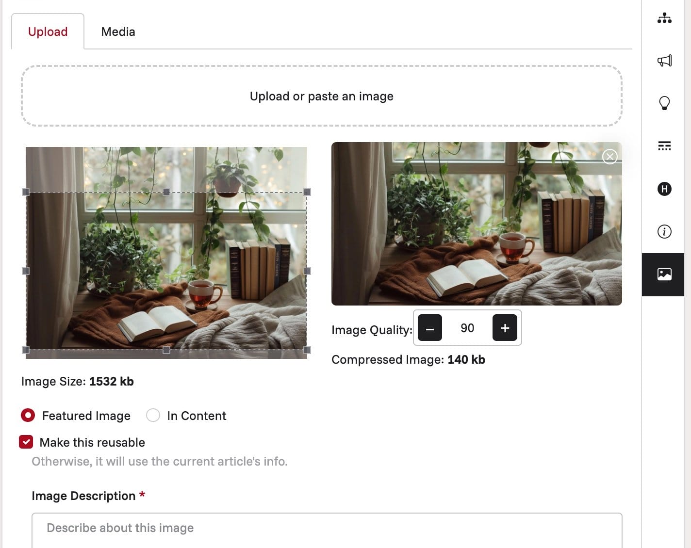 Screenshot Of The Tab For Uploading Images In Articles, With Options For Featured Images, Content Placement, And Quality Adjustment.