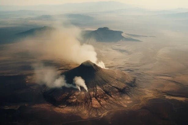 Aerial View Of A Smoking Volcano In A Barren Landscape