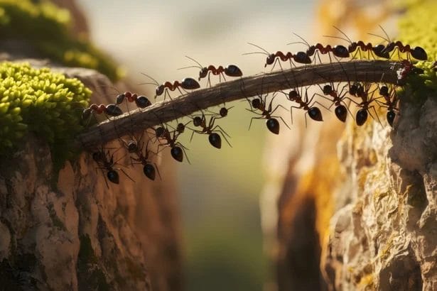 Ants Building A Bridge With A Twig Over Mossy Rocks.