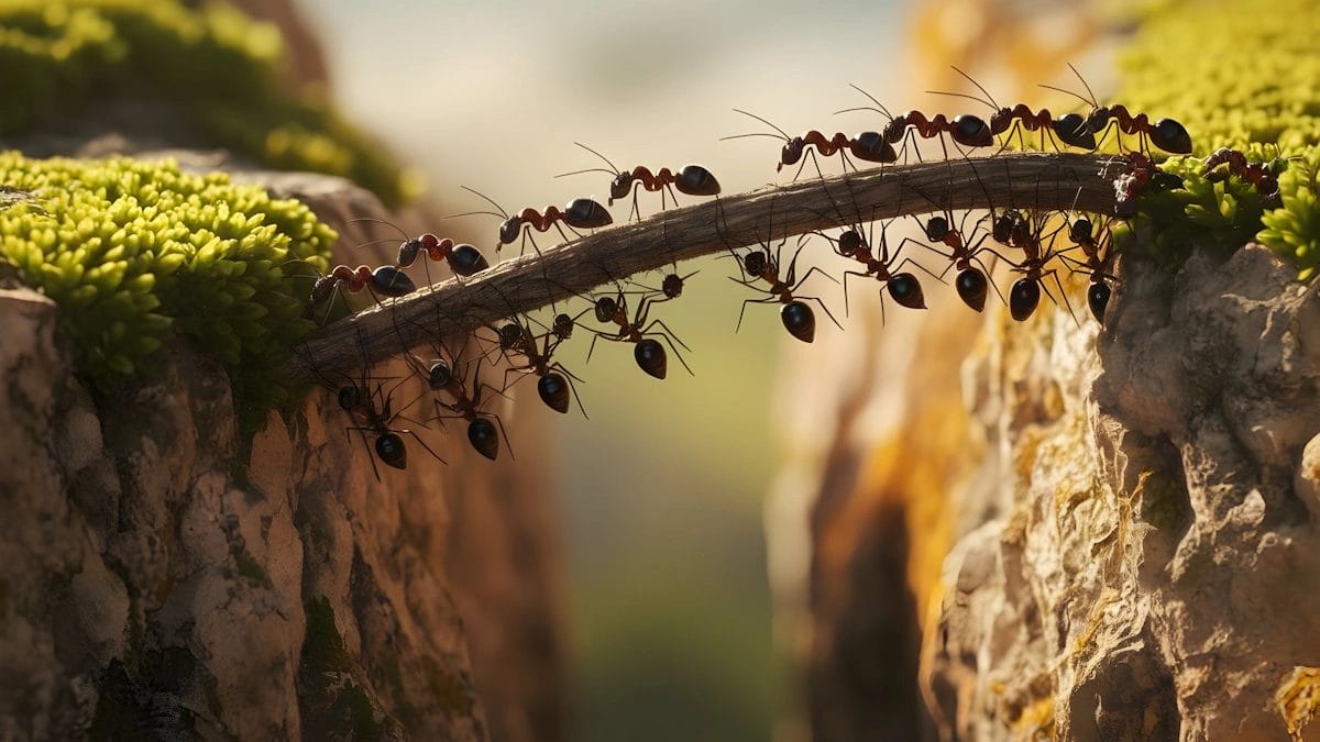 Ants Building A Bridge With A Twig Over Mossy Rocks.