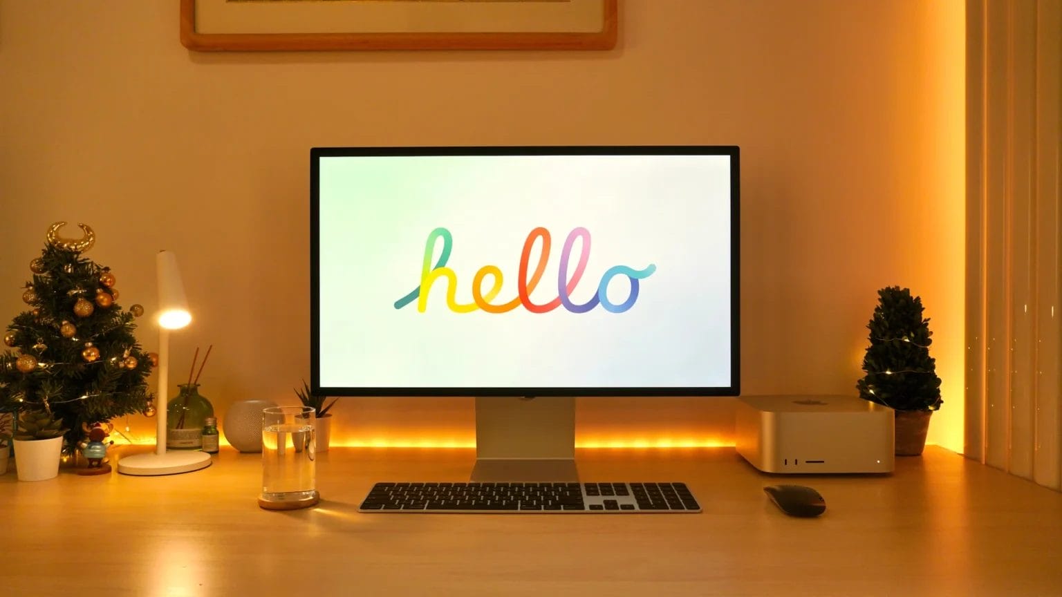 Apple Studio Desktop With Ambient Lighting And 'Hello' On Monitor