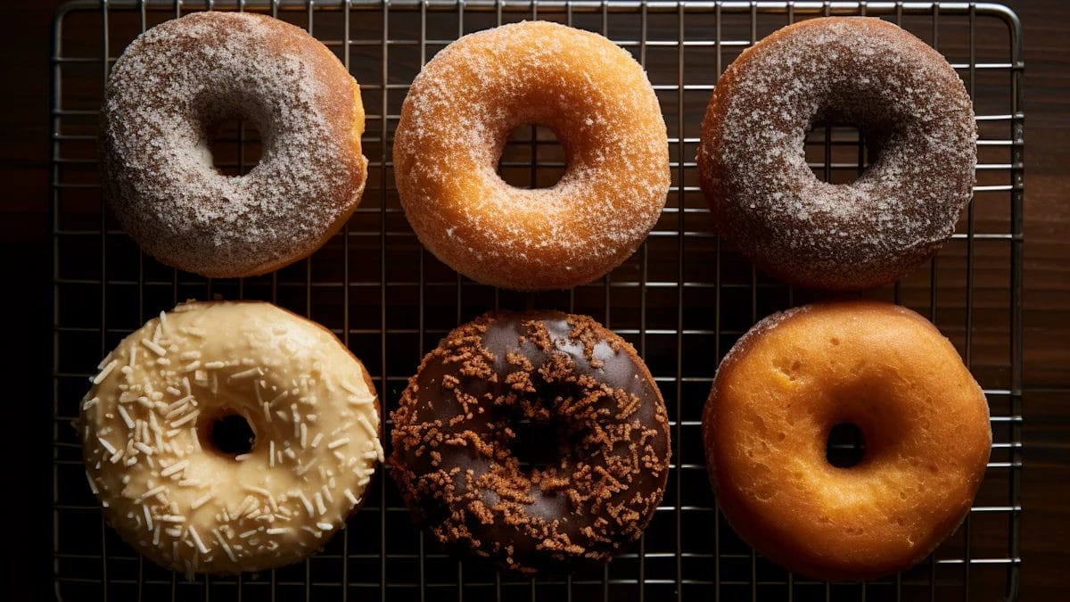 Assortment Of Six Artisanal Doughnuts On A Cooling Rack