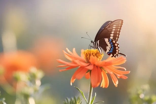 Black Swallowtail Butterfly On Orange Flower In Sunlight