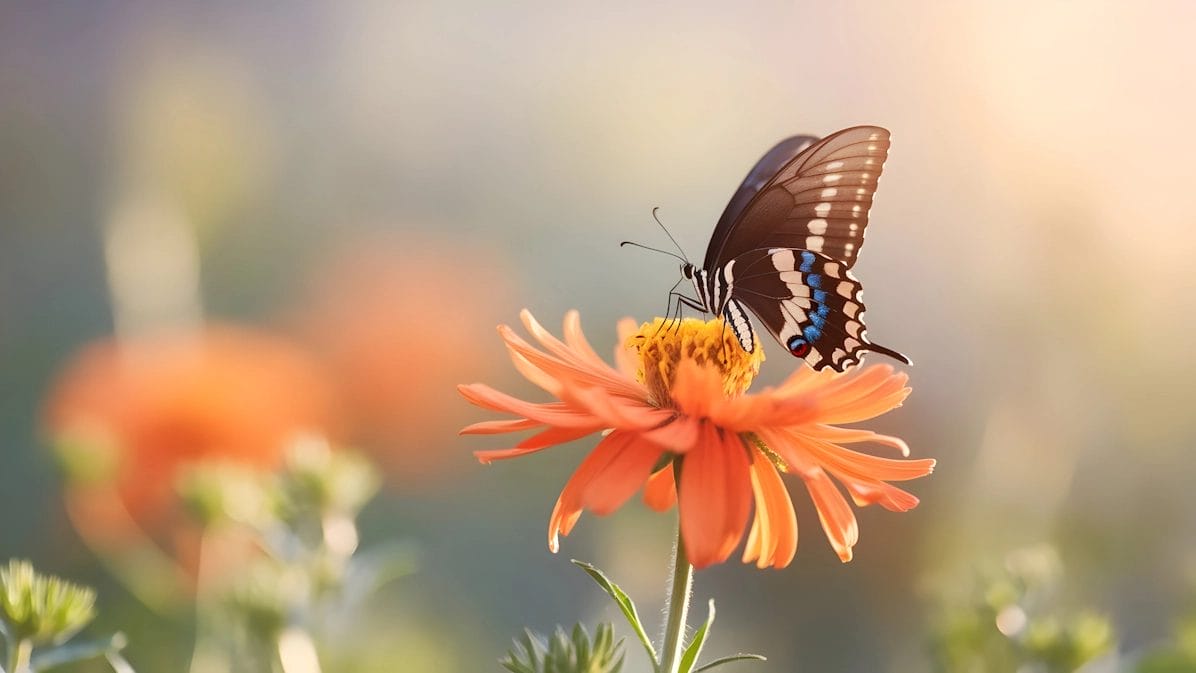 Black Swallowtail Butterfly On Orange Flower In Sunlight