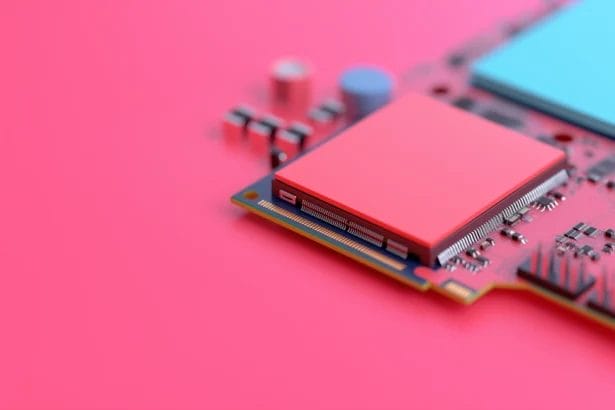 Close-Up Of A Circuit Board With Red Chip On Pink Background