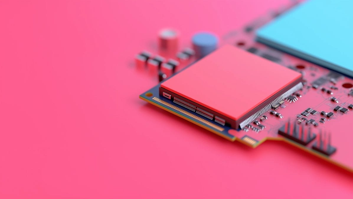 Close-Up Of A Circuit Board With Red Chip On Pink Background