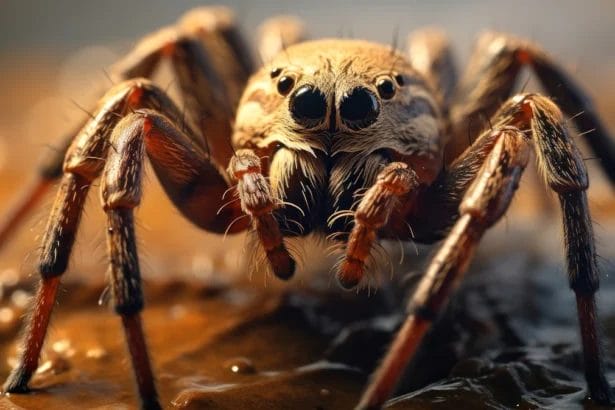 Close-Up View Of A Spider Highlighting Its Eyes And Legs.