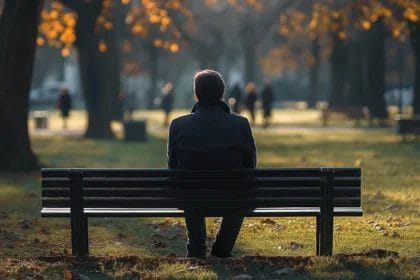 Man Sitting On A Bench In Autumn Surrounded By Falling Leaves.