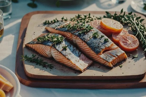 Salmon Platter With Herbs And Lemon On A Wooden Board.