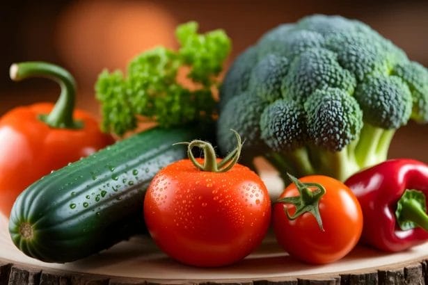 Colorful Fresh Vegetables On A Wooden Table, Including Tomatoes And Cucumbers.