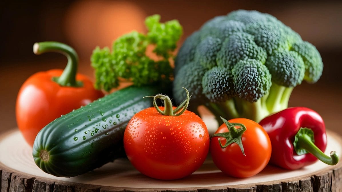 Colorful Fresh Vegetables On A Wooden Table, Including Tomatoes And Cucumbers.