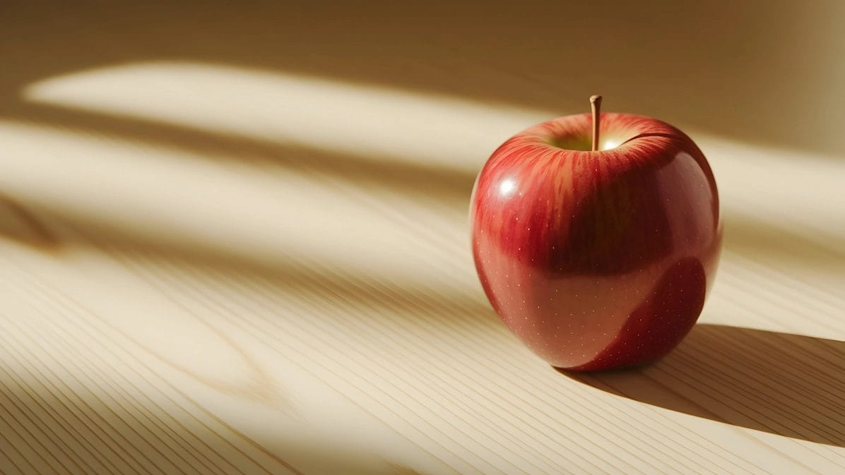 Glossy Red Apple On A Wooden Surface With Sunlight