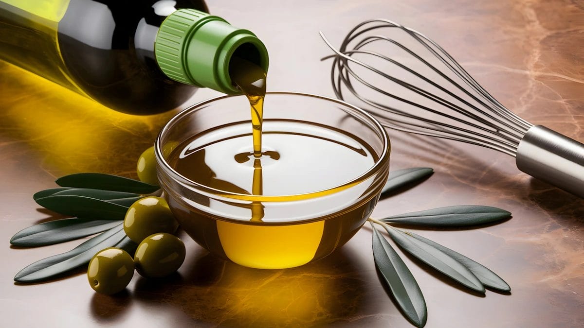 Golden Olive Oil Being Poured Into A Bowl With Olives And Leaves