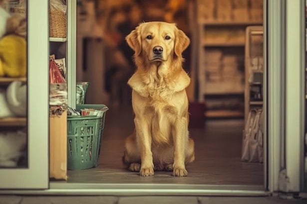 Golden Retriever Sitting At Pet Shop Entrance With Warm Lighting.