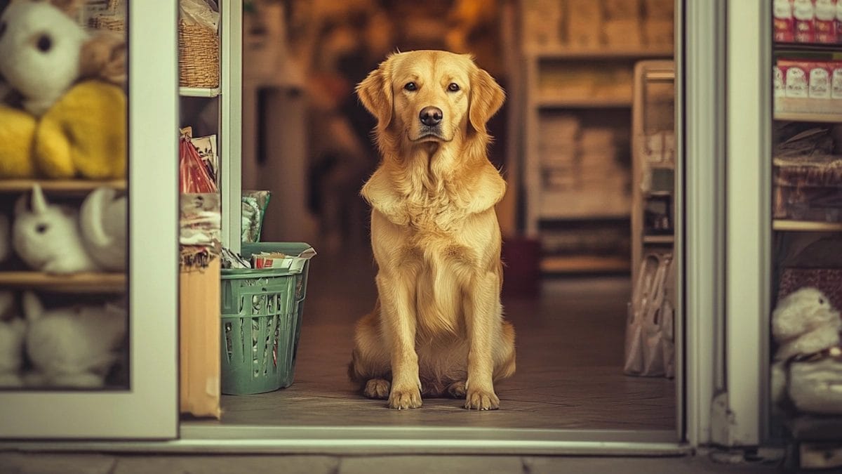 Golden Retriever Sitting At Pet Shop Entrance With Warm Lighting.