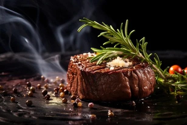 Close-Up Of A Gourmet Steak With Rosemary And Vegetables