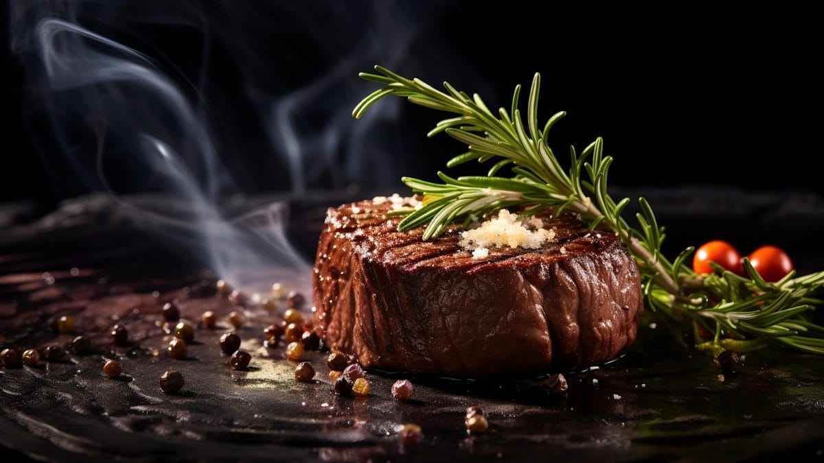 Close-Up Of A Gourmet Steak With Rosemary And Vegetables