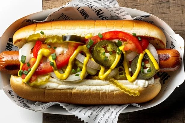 Close-Up Of A Gourmet Hotdog With Fresh Toppings On Wooden Surface.