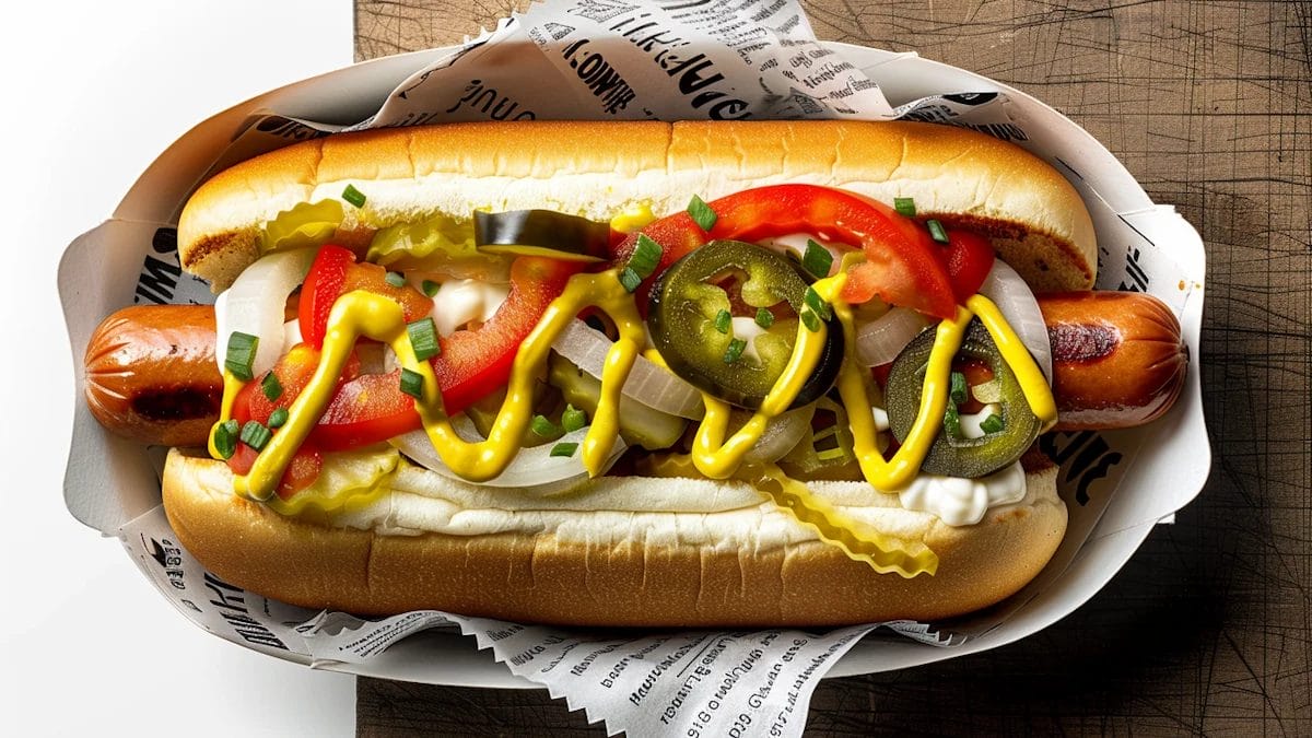 Close-Up Of A Gourmet Hotdog With Fresh Toppings On Wooden Surface.