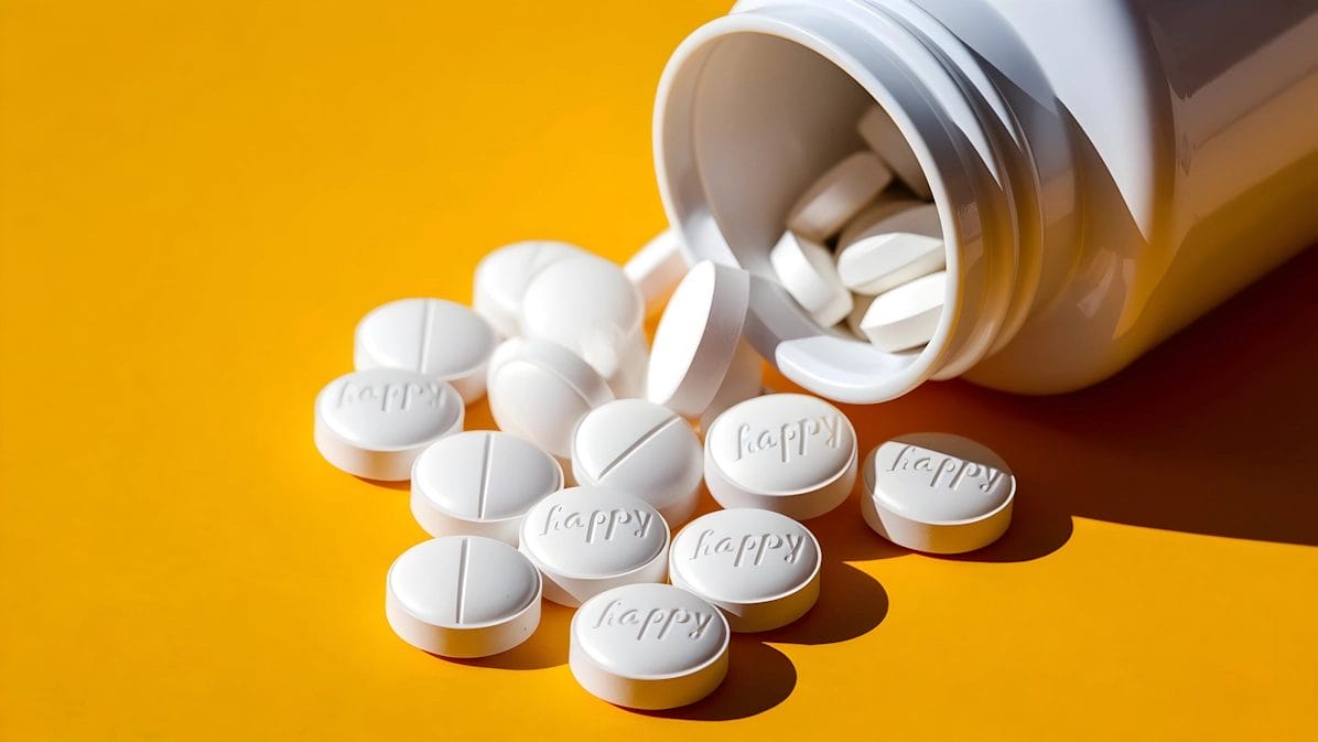 White Pills Labeled 'Happy' Spilling From A Bottle On Yellow Background.