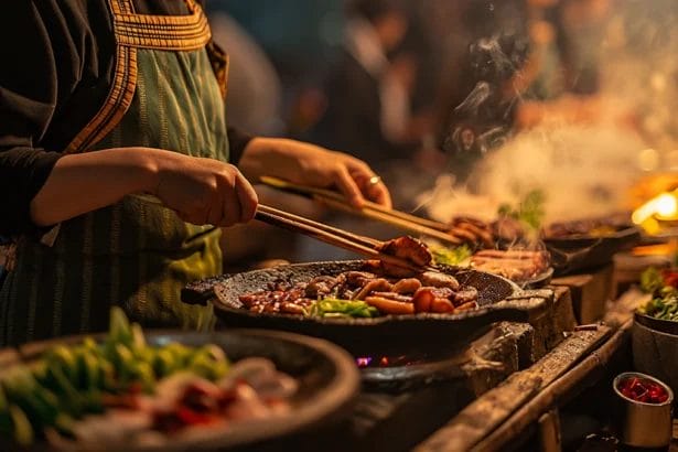 Asian Woman Cooking Street Food At A Vibrant Stall During Twilight.