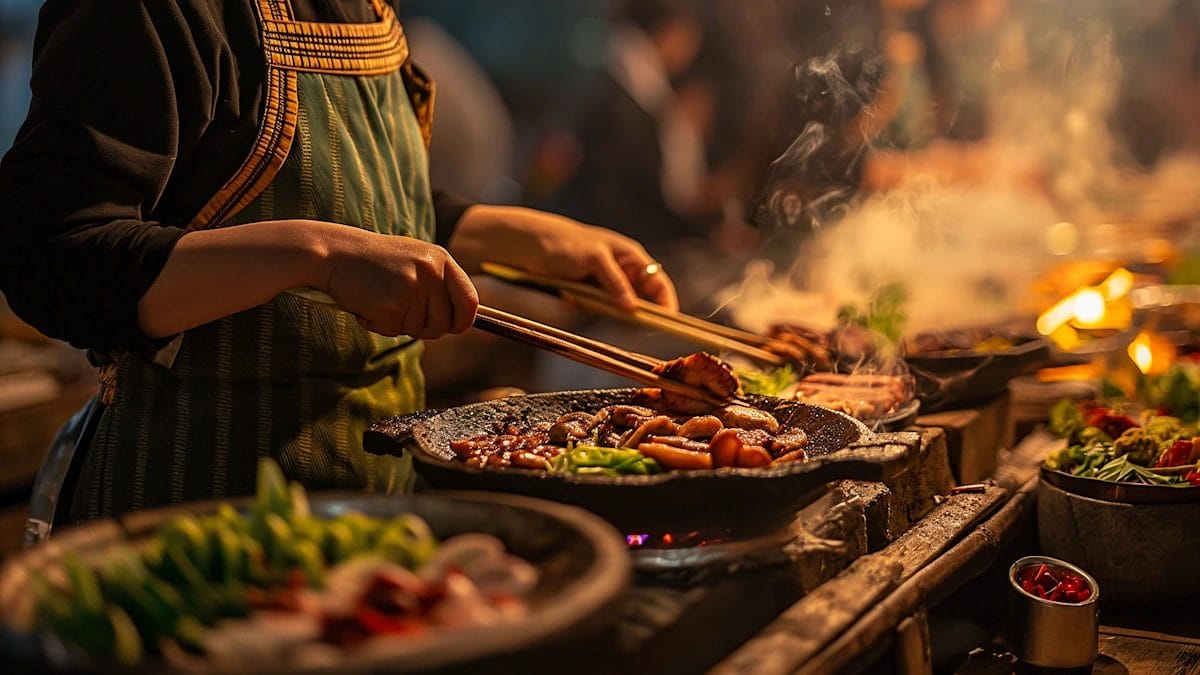 Asian Woman Cooking Street Food At A Vibrant Stall During Twilight.