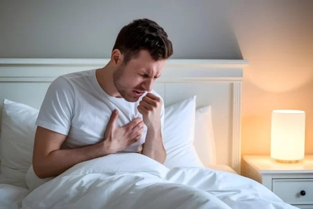 Man In Bed Coughing, Showcasing Symptoms Of Swine Flu.