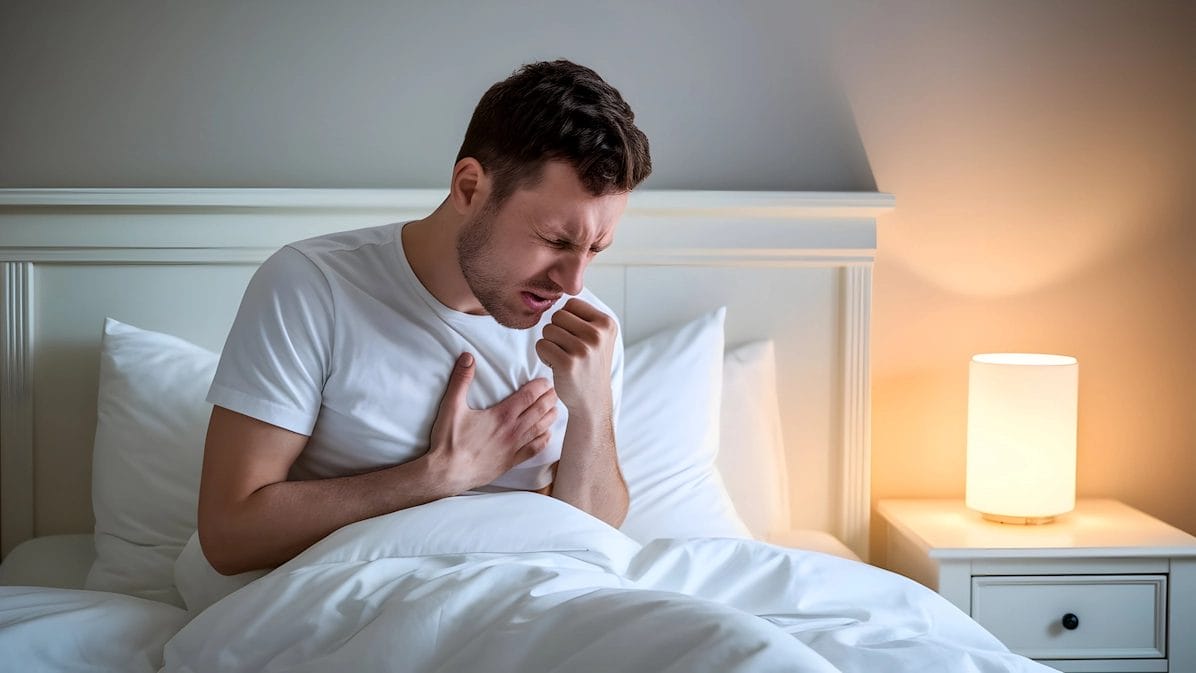 Man In Bed Coughing, Showcasing Symptoms Of Swine Flu.