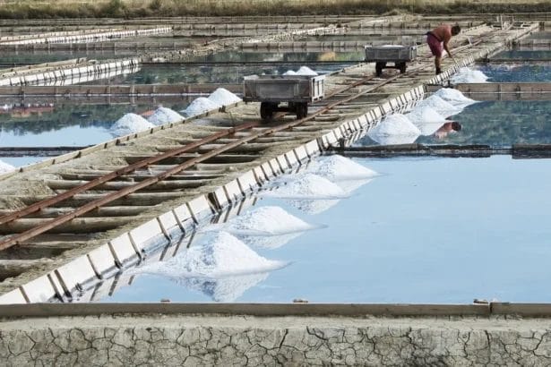 Man On Track At A Salt Production Site By A Lake