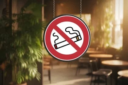 A No-Smoking Sign In A Cozy Café With Wooden Furniture.