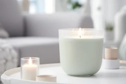 Lit Trio-Wick Candle On White Table In Cozy Living Room