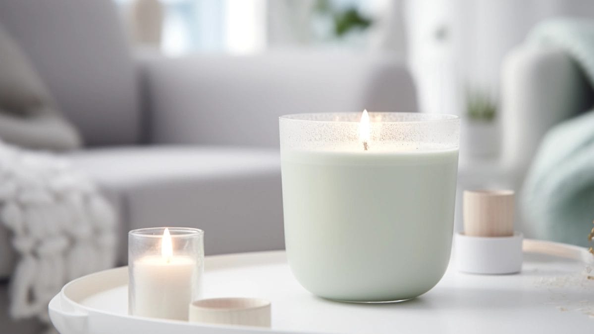 Lit Trio-Wick Candle On White Table In Cozy Living Room