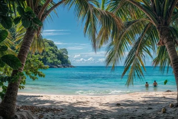 Two People On A Tropical Beach With Palm Trees And Turquoise Water.