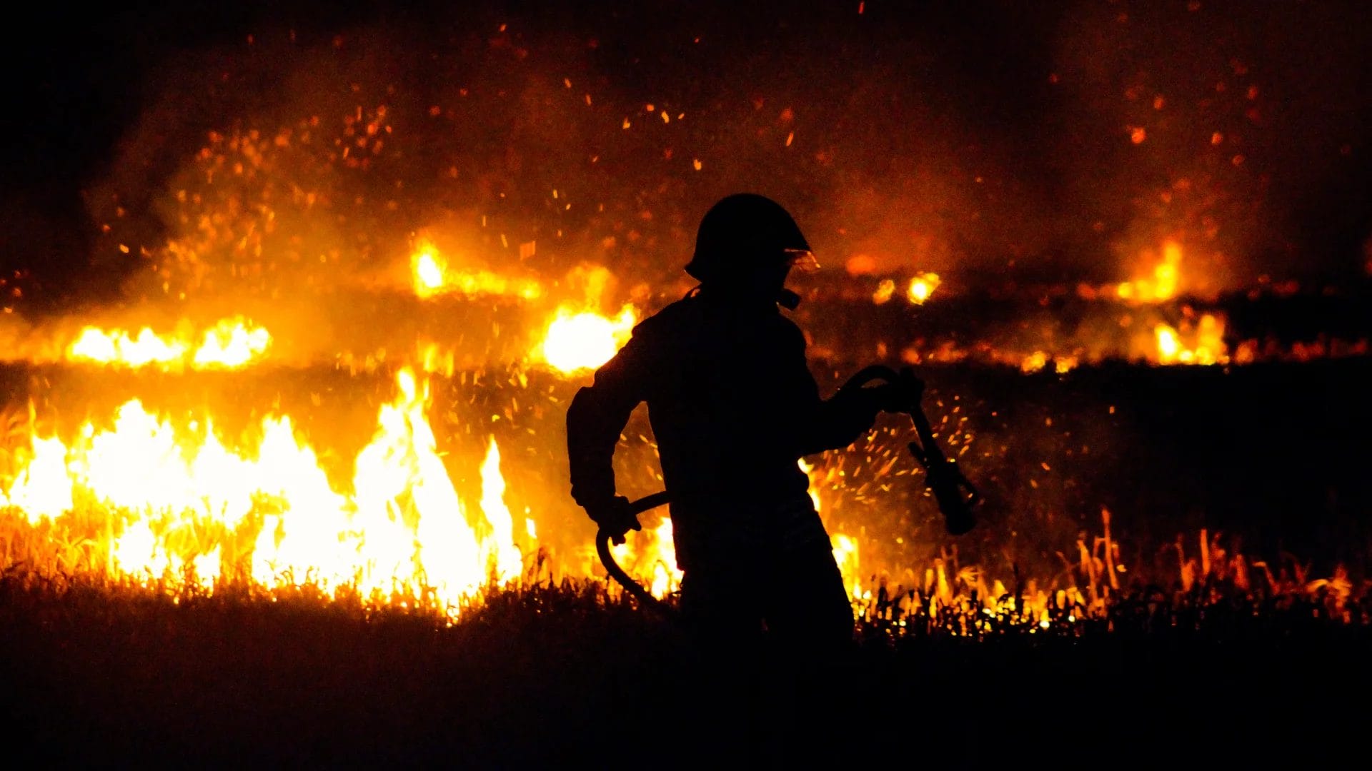 Silhouette Of A Firefighter In Front Of A Large Bonfire.