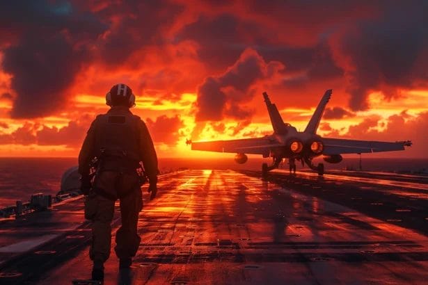 Silhouetted Pilot Walking Towards Fighter Jet At Sunset