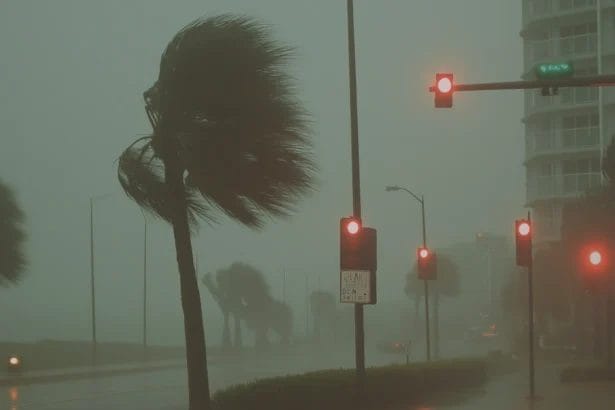 Stormy Urban Street With Palm Trees And Red Traffic Lights.