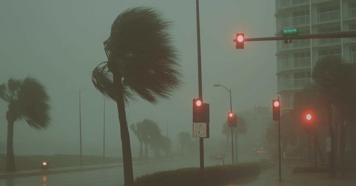 Stormy Urban Street With Palm Trees And Red Traffic Lights.