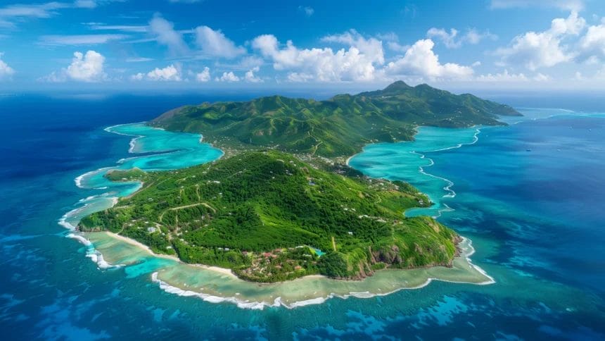 Aerial View Of A Tropical Island With Turquoise Waters And Green Hills.