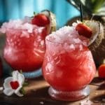 Refreshing Pink Cocktail With Strawberries And Coconut On Wooden Table