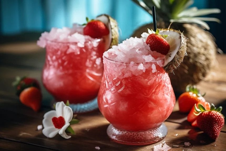 Refreshing Pink Cocktail With Strawberries And Coconut On Wooden Table