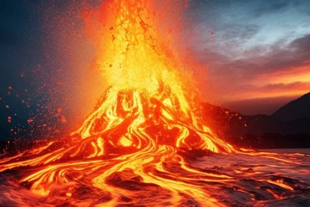 Vibrant Lava Flows Erupting Against A Twilight Sky.