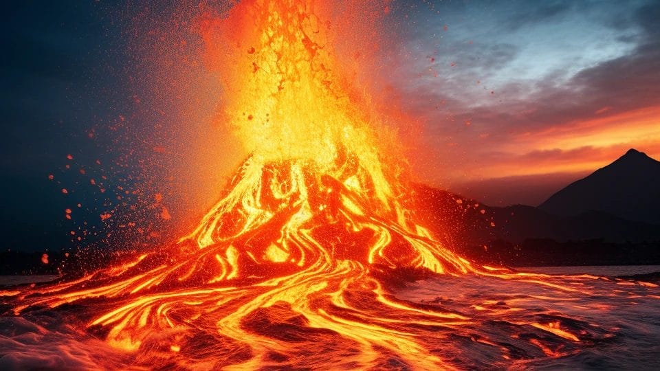 Vibrant Lava Flows Erupting Against A Twilight Sky.