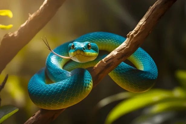 Blue-Yellow Snake Coiled On A Branch In A Forest