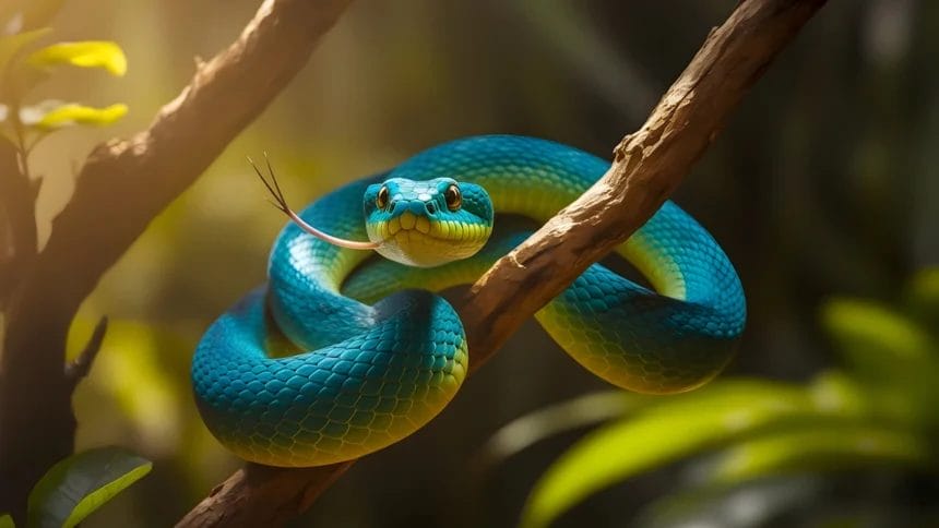 Blue-Yellow Snake Coiled On A Branch In A Forest