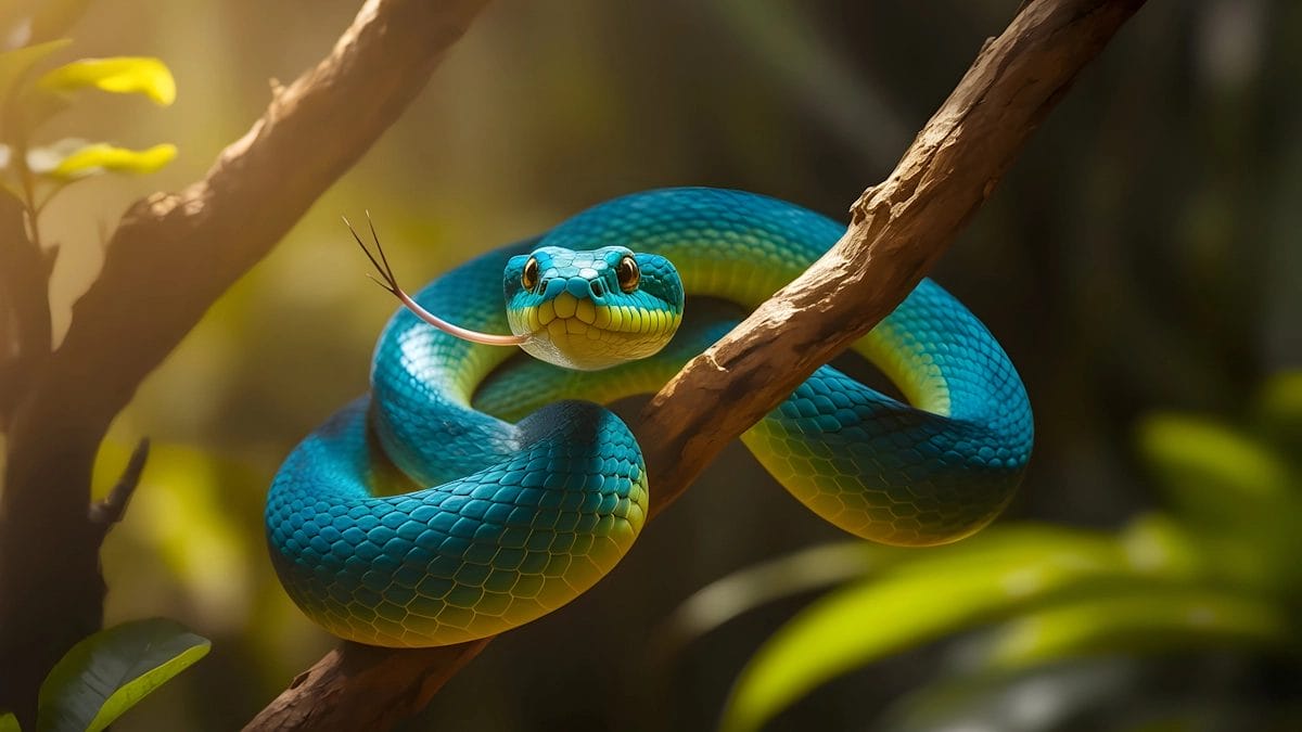 Blue-Yellow Snake Coiled On A Branch In A Forest